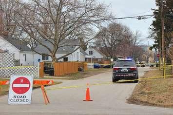 A section of Palmerston Street N. in Sarnia cordoned off for suspected homicide investigation Mar. 14, 2020 (BlackburnNews.com photo by Dave Dentinger)