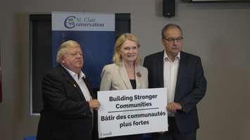 (From right to left) St. Clair Twp. Deputy Mayor Steve Miller, London West MP Kate Young and St. Clair Region Authority Chair Joe Fass in Strathroy. August 27, 2019. (BlackburnNews photo by Colin Gowdy)