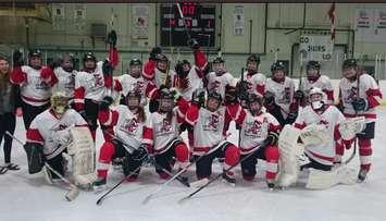 LCCVI Senior Girls Hockey team celebrates a victory in the 'AA' Finals. (submitted Photo)