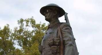 The rifle was removed from this Veterans Park war memorial in Sarnia Apr. 6, 2021 (Photo from Sarnia Police Service)