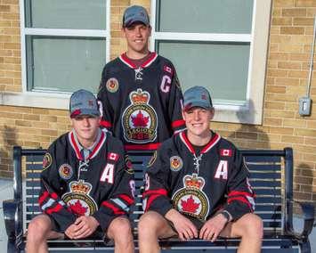 (From left to right) Carson Peer, Joey Ferrera and Ryan Barwitzki outside Sarnia Arena. July 2020. (Photo by Shawna Lavoie Photography)
