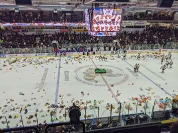 Sarnia Sting fans litter the ice with stuffed toys during the 2021 Teddy Bear Toss.  5 December 2021.  (Blackburn Media photo by Josh Boyce)
