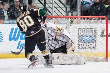 The London Knights' Alex Formenton takes a shot against Sarnia Sting goaltender Justin Fazio in the Knights' 4-2 win over the Sting in Sarnia on Dec 10, 2016 (Courtesy Metcalfe Photography)