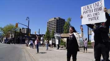 Protesters gather outside Sarnia City Hall in support of Black Lives Matter. 1 June 2020. (BlackburnNews.com photo by Colin Gowdy)