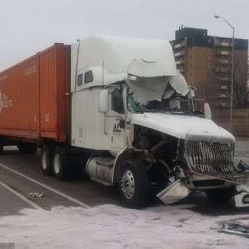 Police respond to a tractor trailer crash on Hwy. 402 in Sarnia, January 16, 2017. (Photo courtesy of the OPP)