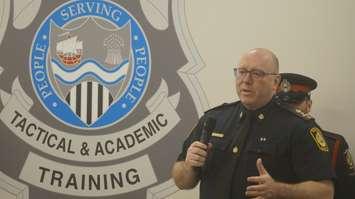 Police Chief Derek Davis speaks during a swearing-in ceremony at the Sarnia Police Tactical and Academic Training Centre. 6 April 2023. (Photo by SarniaNewsToday.ca)