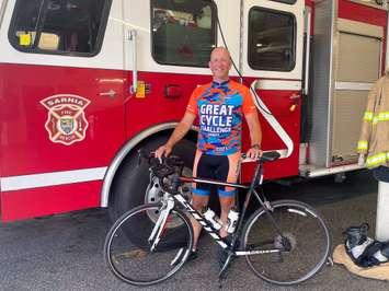 Sarnia Fire Prevention Officer Roel Bus is taking part in the Great Cycle Challenge (Photo courtesy of Sarnia Fire and Rescue via Twitter)