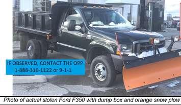A dark green Ford F-350 that was stolen January 25, 2022.  (Photo provided by Lambton OPP)