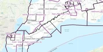 Current federal riding boundaries in black, proposed in purple. (Photo courtesy of the Federal Electoral Boundaries Commission)