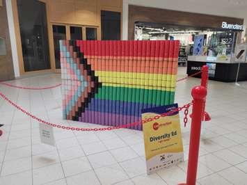 Inclusivity Pride Flag CANstruction display March 27, 2022. Blackburn News Media photo by Stephanie Chaves.