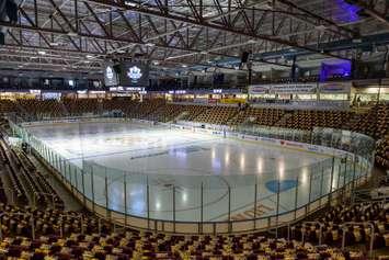 First Progressive Auto Sales Arena before a Sarnia Sting playoff game. 2 May 2023. (Metcalfe Photography)