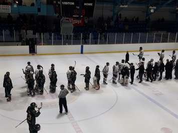 The Sarnia Legionnaires and St. Thomas Stars shake hands at the end of first round GOJHL series - Mar 8, 2018 (Blackburnnews.com Photo By Josh Boyce)