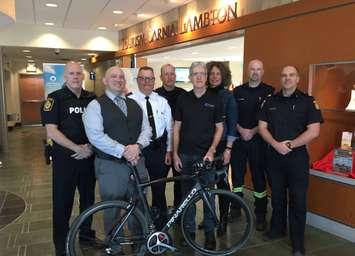First responders gather with organizers of the 2018 Bluewater International Granfondo to launch the 3rd annual event. February 6, 2018 (Photo by Melanie Irwin)