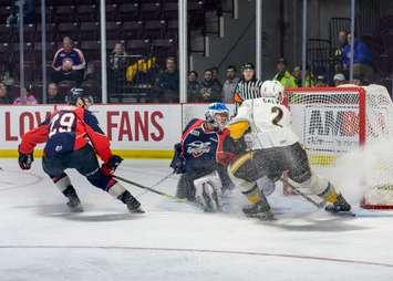 Theo Calvas scores a shorthanded goal versus the Windsor Spitfires - March 27/2018 (Photo Courtesy of Metcalfe Photography)