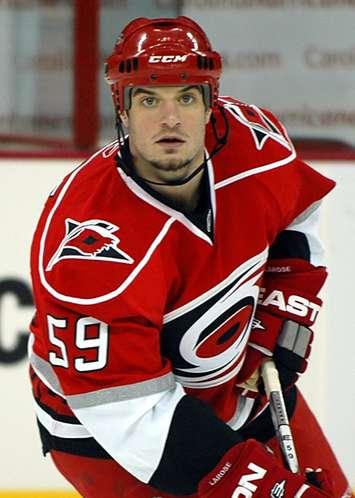 Chad LaRose of the Carolina Hurricanes skates during warmups before a game against the Buffalo Sabres. April 9, 2009. (Photo by Jamie Kellner from Wikipedia)