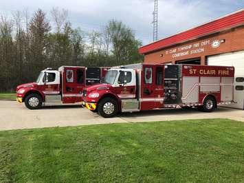 Two new pumper trucks at the St. Clair Twp Fire Dept. (Photo courtesy of St. Clair Twp Fire via Facebook)