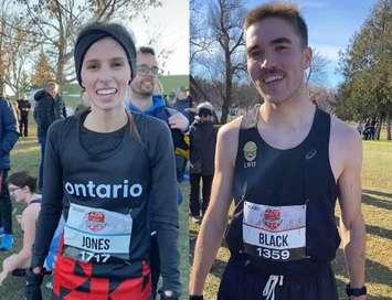 Gabby Jones of Sarnia and Connor Black of Forest at Canadian Cross-Country Championships on November 26, 2022. (screenshots from video courtesy of Athletics Canada via Twitter)