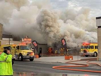 Fire at Hog Town Cycles in Lucan, April 7, 2019. (Photo courtesy of Angie Steels)