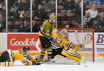 The Sarnia Sting take on the North Bay Battalion, December 5, 2014. (Photo courtesy of Metcalfe Photography)