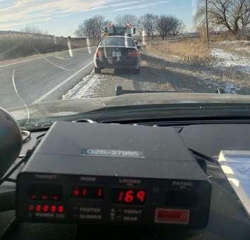 A 17-year-old faces stunt driving charges after being clocked at 169km/h on Hwy. 402 (Photo courtesy of OPP via Twitter)