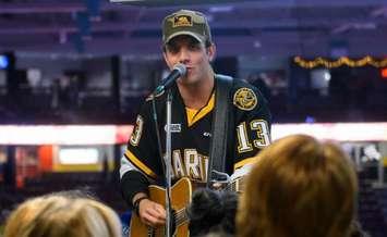 Country singer Eric Ethridge performs at the Sarnia Sting game. February 22, 2019. (Photo courtesy of Metcalfe Photography)