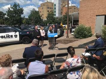 (L to R) Sarnia-Lambton MPP Bob Bailey, Solicitor General Sylvia Jones and Associate Minister of Mental Health and Addiction Michael Tibollo join Ontario Health Minister and Deputy Premier Christine Elliott while she answers questions outside Bluewater Health in Sarnia. August 9, 2019 Photo by Melanie Irwin
