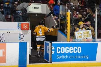 Sting Dman Jeff King leaves the ice after a Sarnia win. (Photo by Metcalfe PHotography)
