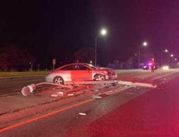 An impaired driver crashes into a light post on Indian Rd. - Nov 6/21 (Photo courtesy of Sarnia Police Service)