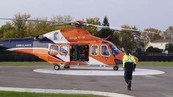 An Ornge helicopter at Bluewater Health's helipad in Sarnia. 14 October 2022.  (Blackburn Media photo)