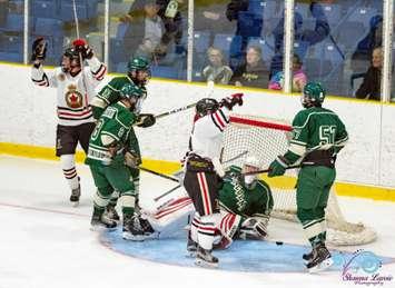 The Sarnia Legionnaires score a goal against St. Marys - Oct 5/18 (Photo by Shawna Lavoie)
