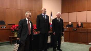 (L to R) Outgoing Sarnia City Councillors Andy Bruziewicz, Matt Mitro and Mike Kelch are recognized for their service. December 3, 2018 Photo by Melanie Irwin 