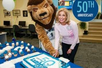 Lambton College President and CEO Judith Morris cuts a cake to celebrate the 50th anniversary of the college. November 15, 2016 Photo courtesy of @LambtonCollege Twitter