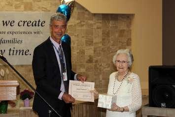 60 Year Volunteer Honoured   
Bluewater Health President and CEO Mike Lapaine, Jean Paisley  Photo submitted by Bluewater Health June 21,2017