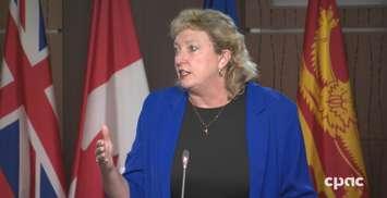 Sarnia-Lambton MP Marilyn Gladu speaks with reporters about Bill C-228, the Pension Protection Act.  2 May 2022.  (Screenshot from CPAC)