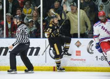 Franco Sproviero celebrates a goal against the Kitchener Rangers - Apr 10/18 (Photo Courtesy of Metcalfe Photography)