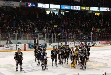 The Sarnia Sting salutes the fans after winning its final home over Kitchener Mar. 13, 2014