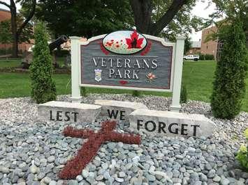The sign at Sarnia's Veterans Park. August 3, 2018. (Photo from the City of Sarnia Facebook page.)