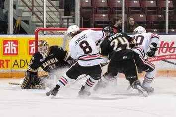 Justin Fazio makes a save against the IceDogs. Photo by Metcalfe Photography