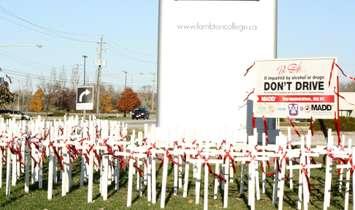 MADD places White Crosses at entrance to Lambton College and RBC Centre. Nov. 1, 2014 (BlackburnNews.com photo by Dave Dentinger)