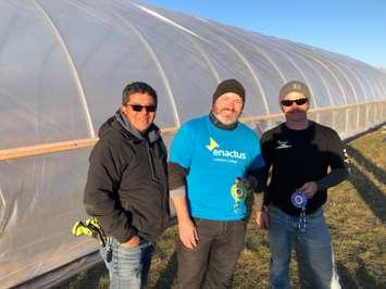 From left to right. Former Muskoday First Nation Chief Herman Crain, with Lambton College Enactus team members Brian Little and Kyle Scott. Submitted photo.