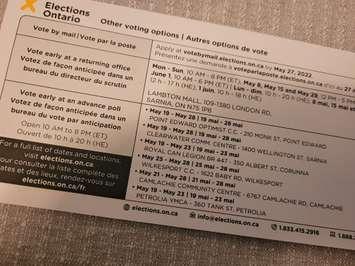 Voter card for the riding of Sarnia-Lambton. May 2022. (Photo by Stephanie Chaves)