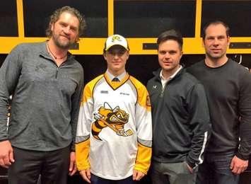 From L to R, Sarnia Sting co-owner and head coach Derian Hatcher, 2017 first round draft pick Jamieson Rees, Sting general manager Nick Sinclair and co-owner David Legwand. Rees was the ninth overall pick in the 2017 OHL Priority Selection. (Photo courtesy of Sarnia Sting Twitter account)
