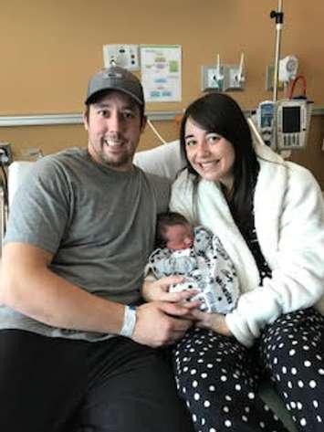 Courtney and Matthew Pereira of Sarnia with New Year's baby Murphy Jan. 1, 2018 (Photo courtesy of Bluewater Health)