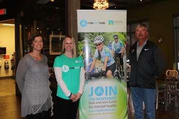 Organizers, including Canadian Mental Health Association spokesperson Angela Kirkland in the middle, gather for the launch of the 2017 Ride Don't Hide. April 10, 2017 BlackburnNews.com photo by Meghan Bond