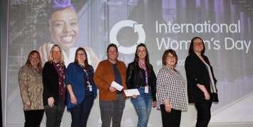 (From left to right) Robin Cooke, Jennifer Vansteenkiste, Anna Lakey, Martine Creasor, Josephine Ethier, Vicky Ducharme, and Tarin Oxley at the Chamber's International Women's Day charity event in Sarnia. March 2023. (Photo by Sarnia-Lambton Chamber of Commerce)