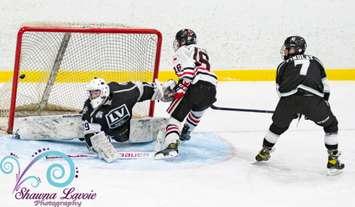 Legionnaires forward Will O'Leary-Dilosa scores a goal versus the LaSalle Vipers.  18 November 2021.  (Shawna Lavoie Photography)