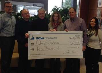 Nova Chemicals presents the City of Sarnia with a cheque toward its new Blue Box program. November 17, 2014  (BlackburnNews.com photo by Melanie Irwin)
