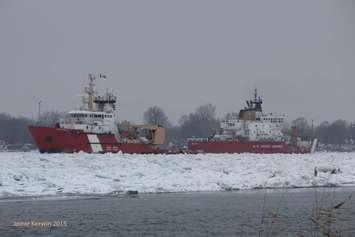  The Canadian Coast Guard Ship Samuel Risley and the USCGC Mackinaw icebreaking on the St. Clair River just north of Sombra Ontario on Saturday January 24 2015.   Photo by Jamie Kerwin.