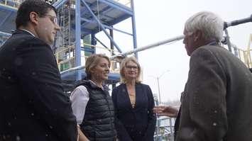 (L to R) BIC Project Manager Michael Faba, Economic Development Minister Melanie Joly, Parliamentary Secretary Kate Young and BIC Board Chair Bill White discuss Woodland Biofuels demonstration plant in Sarnia. February 13, 2020. Photo by Melanie Irwin.  