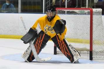 Sarnia Sting goaltending prospect Taya Currie in a scrimmage.  August 30, 2021.  (Metcalfe Photography)